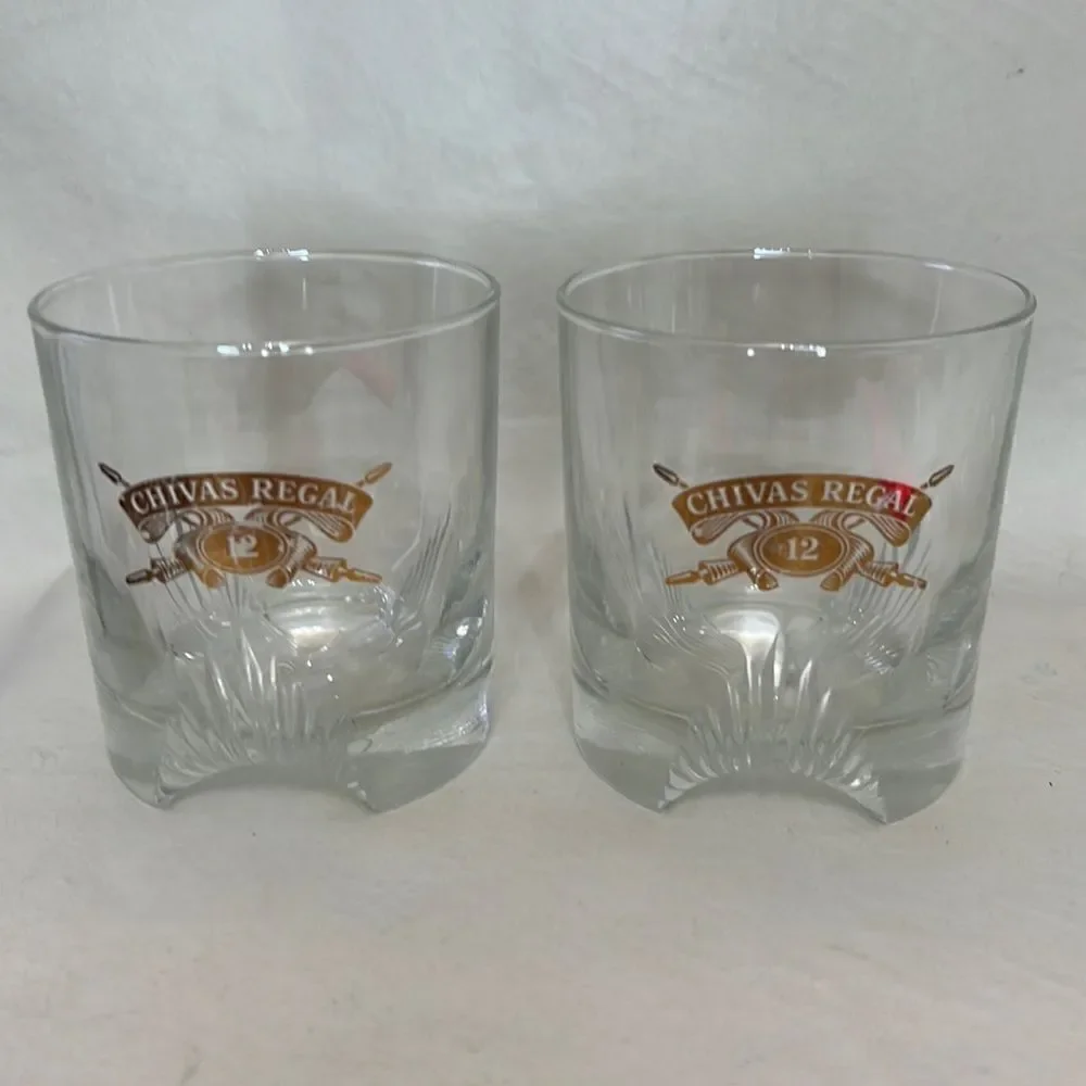 Chivas Regal 12 Rock Glasses 8 Oz 3 In Round 3 1/2 In Tall Set 2 Heavy Bottom